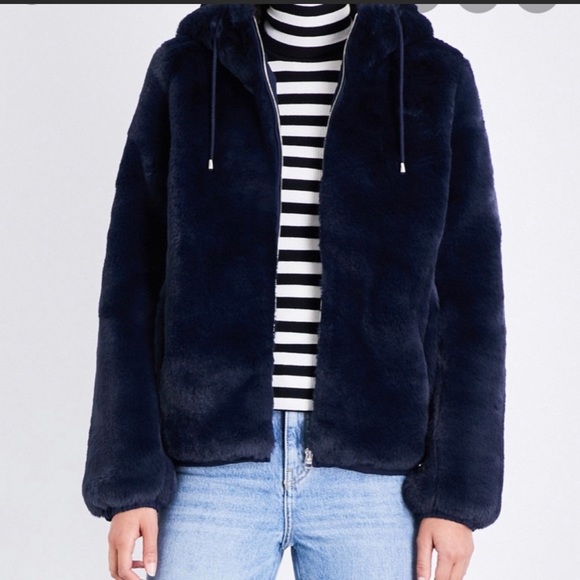 Maje Blue - Navy Faux Fur Hooded Bomber Style Jacket - Coat - Picture 4 of 9